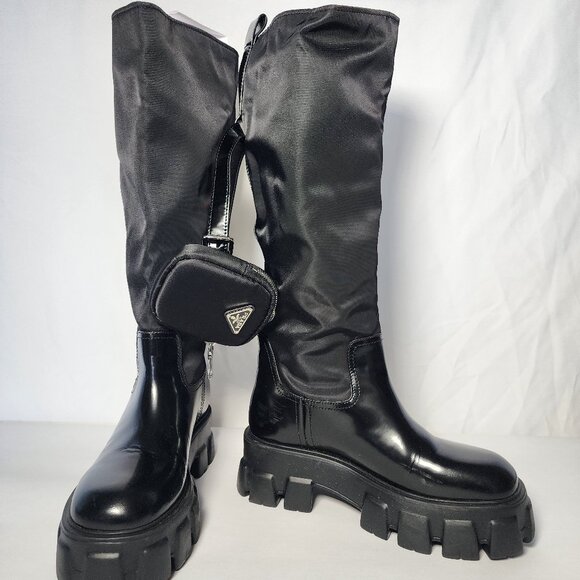 Prada Tall Leather Riding Boots - Black, Size 38, Mid-Heel Block Heel, Round Toe - Picture 1 of 16